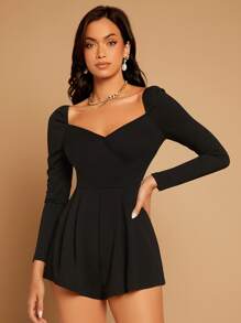 SHEIN BAE Áo liền quần nữ Dây kéo màu trơn Thanh lịch - màu đen - Xem 2