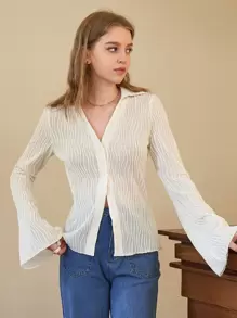 SHEIN MOD Solid Flounce Sleeve Casual Textured Shirt - Beige - View 1