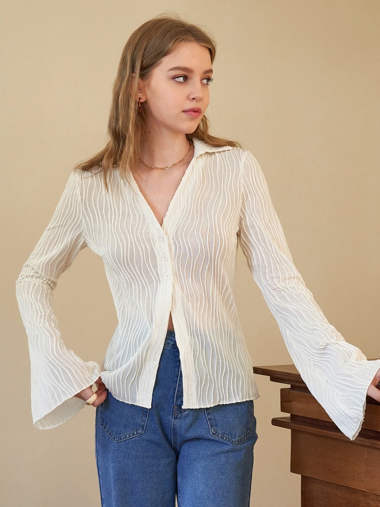 SHEIN MOD Solid Flounce Sleeve Casual Textured Shirt - Beige - View 1