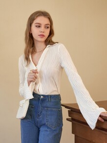 SHEIN MOD Solid Flounce Sleeve Casual Textured Shirt - Beige - View 4