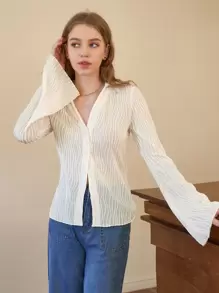SHEIN MOD Solid Flounce Sleeve Casual Textured Shirt - Beige - View 3