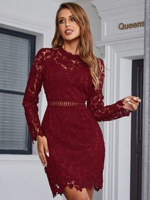 Eilly Bazar Đầm cắt Dây kéo màu trơn Thanh lịch - Màu Đỏ Sâu - Xem 3