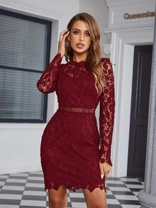 Eilly Bazar Đầm cắt Dây kéo màu trơn Thanh lịch - Màu Đỏ Sâu - Xem 6