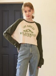 SHEIN MOD Letter Graphic Raglan Sleeve Crop Sweatshirt - Multicolor - View 1