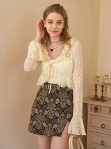 SHEIN MOD Áo nữ Xù Thắt nơ trước màu trơn Thanh lịch - Màu be - Xem 3