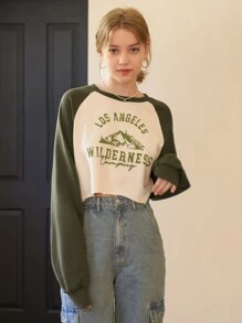 SHEIN MOD Letter Graphic Raglan Sleeve Crop Sweatshirt - Multicolor - View 3