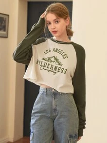 SHEIN MOD Letter Graphic Raglan Sleeve Crop Sweatshirt - Multicolor - View 4