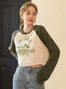 SHEIN MOD Letter Graphic Raglan Sleeve Crop Sweatshirt - Multicolor - View 5