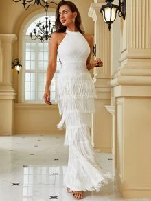 Elisanya Halter Neck Fringe Trim Mermaid Hem Sequin Formal Gown White Elegant Prom Evening Wedding Guest Dress, For Graduation, Dinner - White - View 3