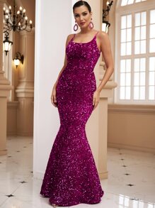 LOVE&LEMONADE 亮片吊帶正式連衣裙 - 玫紅色 - 查看 1