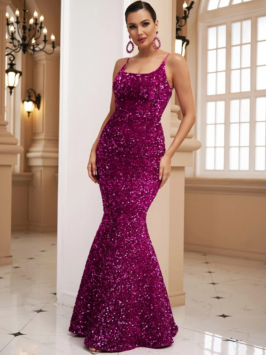 LOVE&LEMONADE 亮片吊帶正式連衣裙 - 玫紅色 - 查看 1