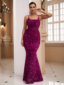 LOVE&LEMONADE 亮片吊帶正式連衣裙 - 玫紅色 - 查看 3