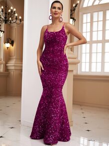 LOVE&LEMONADE 亮片吊帶正式連衣裙 - 玫紅色 - 查看 4