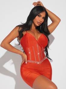 SHEIN SXY Rhinestone Detail Cami Bodycon Dress - Orange - View 1
