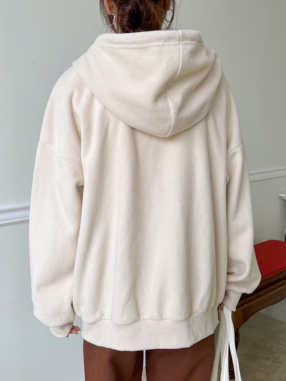 Slogan Graphic Drop Shoulder Zipper Drawstring Hooded Fleece Jacket,Fall Women Clothes