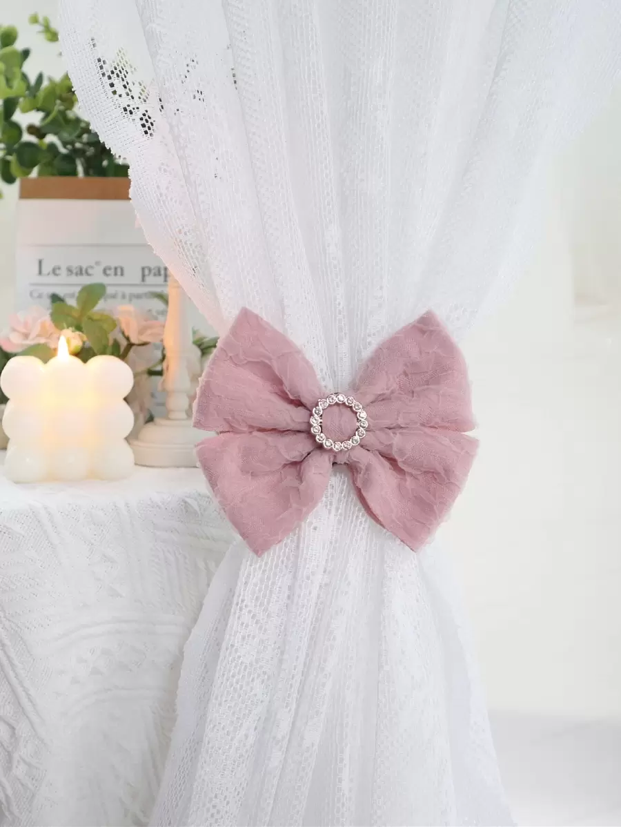 1pc Rhinestone & Bow Decor Curtain Holdback, Modern Bow Design Polyester Curtain Buckle For Household - Pink - View 1