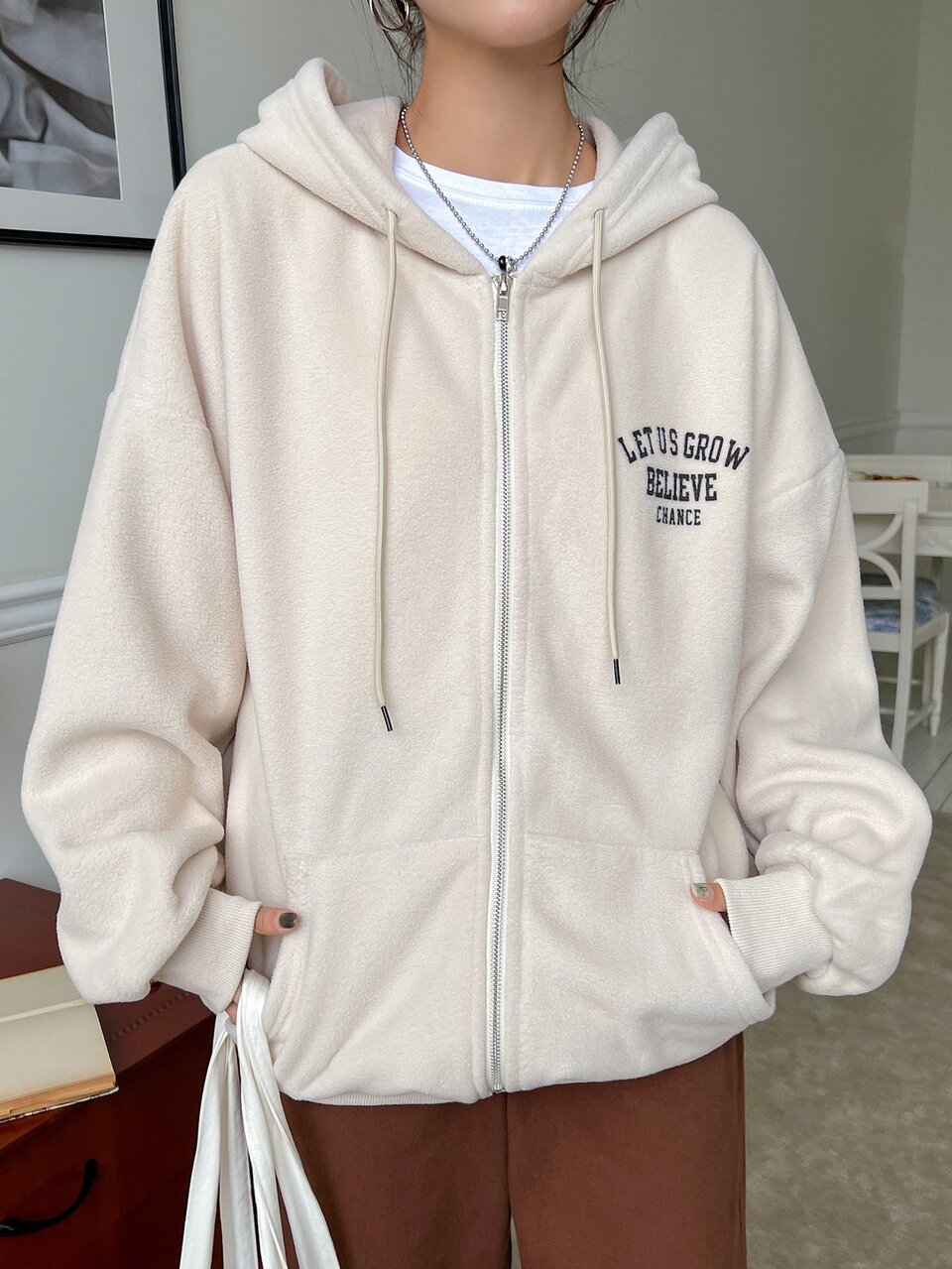 Slogan Graphic Drop Shoulder Zipper Drawstring Hooded Fleece Jacket,Fall Women Clothes