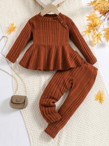 Toddler Girls Peplum Ribbed Knit Tee & Trousers - Rust Brown - View 1