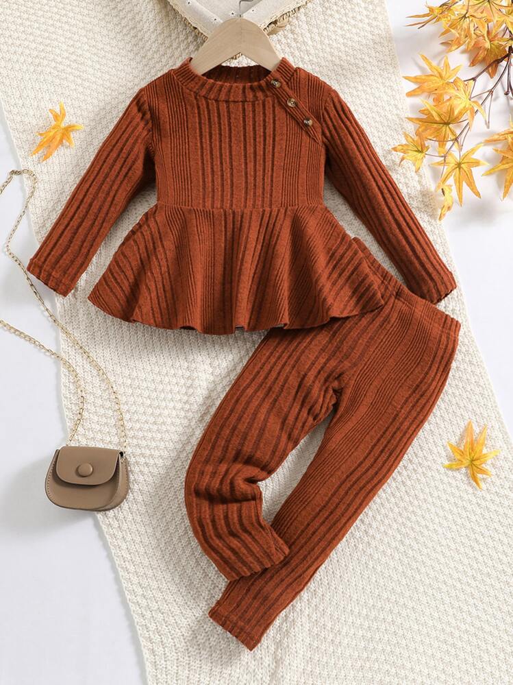 Toddler Girls Peplum Ribbed Knit Tee & Trousers - Rust Brown - View 1