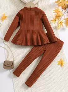 Toddler Girls Peplum Ribbed Knit Tee & Trousers - Rust Brown - View 2