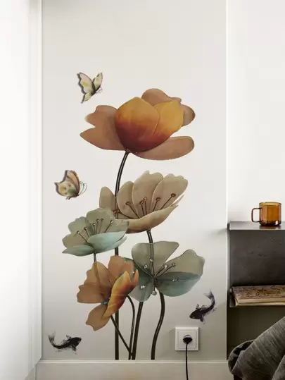 1 件蝴蝶和莲花图案墙贴，PVC 防水墙贴艺术贴花，用于家居装饰，贴纸，墙贴花，乙烯基贴花，用于家居装饰，春季装饰品让您的家焕然一新，Rama 装饰贴纸