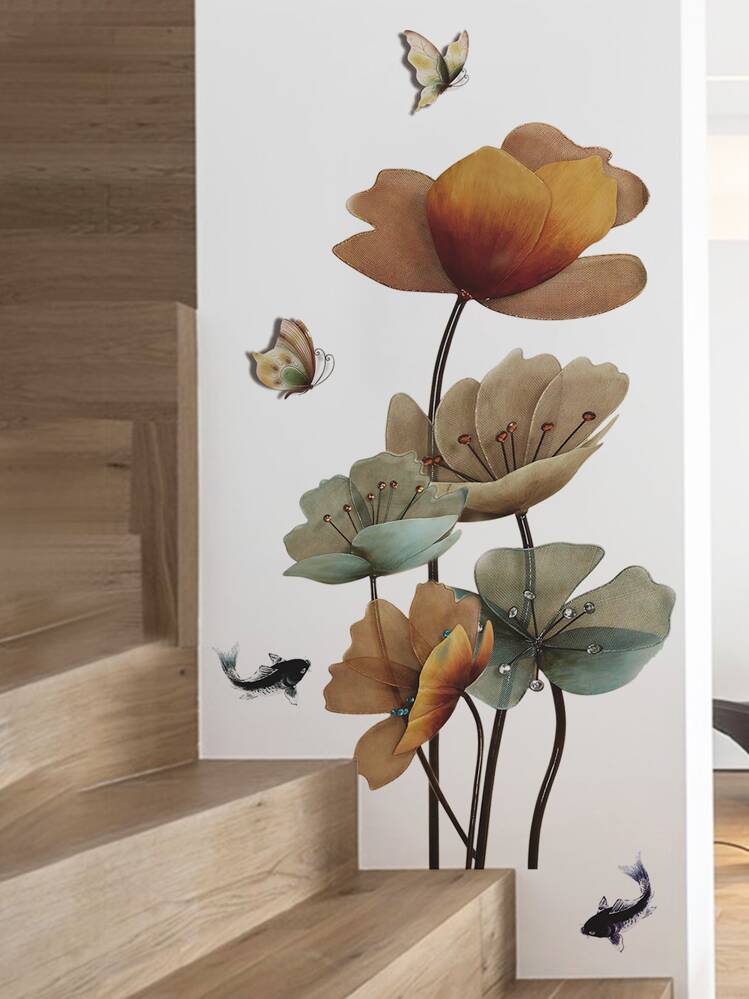 1 件蝴蝶和莲花图案墙贴，PVC 防水墙贴艺术贴花，用于家居装饰，贴纸，墙贴花，乙烯基贴花，用于家居装饰，春季装饰品让您的家焕然一新，Rama 装饰贴纸 - 彩色 - 查看 2