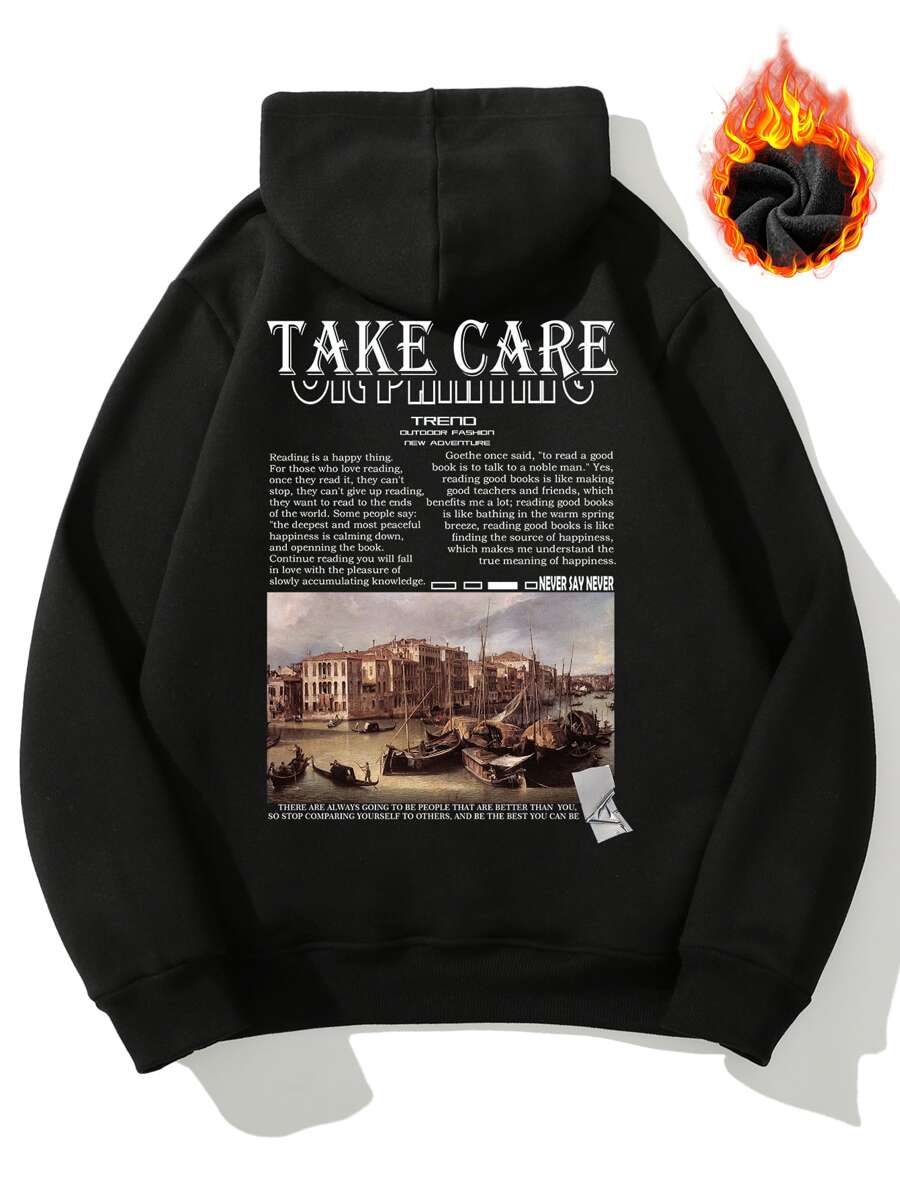 Manfinity EMRG Men Slogan & Picture Print Kangaroo Pocket Drawstring Thermal Hoodie - Black - View 1