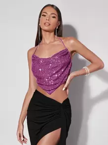 SHEIN BAE Áo hai dây Bất đối xứng Lộ Lưng Buộc lại màu trơn Hấp dẫn - Màu tím - Xem 1