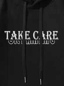 Manfinity EMRG Men Slogan & Picture Print Kangaroo Pocket Drawstring Thermal Hoodie - Black - View 3