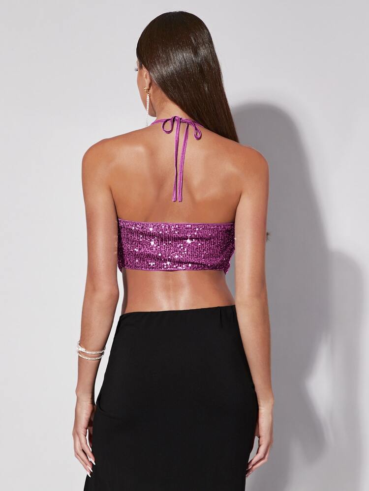 SHEIN BAE Áo hai dây Bất đối xứng Lộ Lưng Buộc lại màu trơn Hấp dẫn - Màu tím - Xem 2