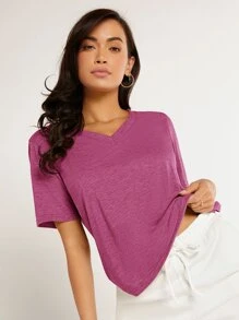 SHEIN BASICS Solid V-neck Tee - Pink - View 1