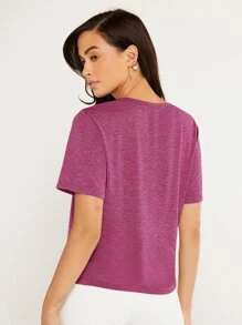 SHEIN BASICS Solid V-neck Tee - Pink - View 2