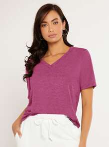 SHEIN BASICS Solid V-neck Tee - Pink - View 3