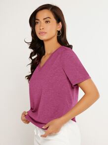 SHEIN BASICS Solid V-neck Tee - Pink - View 5