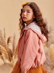 Niñas Cazadora con cremallera de manga raglán con capucha - Rosa coral - Ver 2