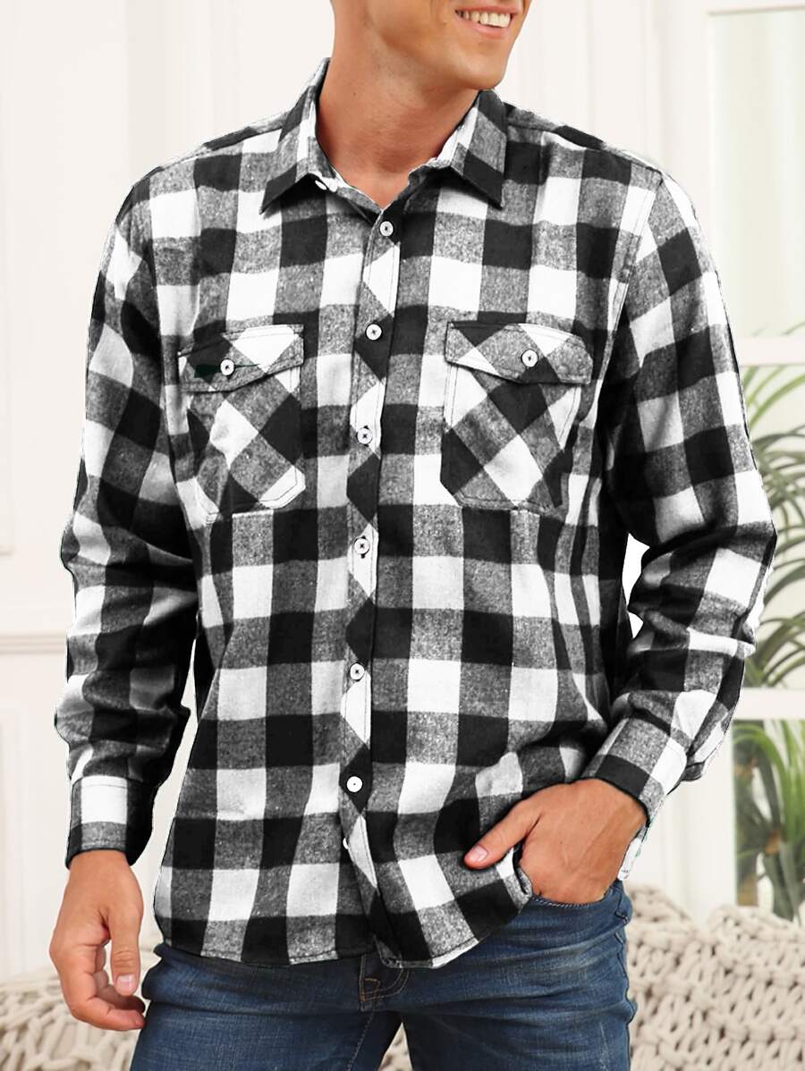Áo sơ mi Nam Túi Nút phía trước Kẻ sọc Sẵn sàng - Đen và trắng - Xem 1