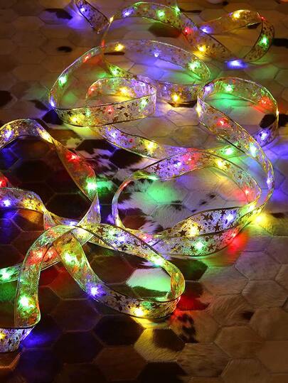 10/20/30/40/50 Lights 1/2/3/4/5m Colorful Glowing Star String Lights, Gold Ribbon Decorative Lights, Gift Box Packaging Decorative Light Strip, Christmas Tree Decoration Props