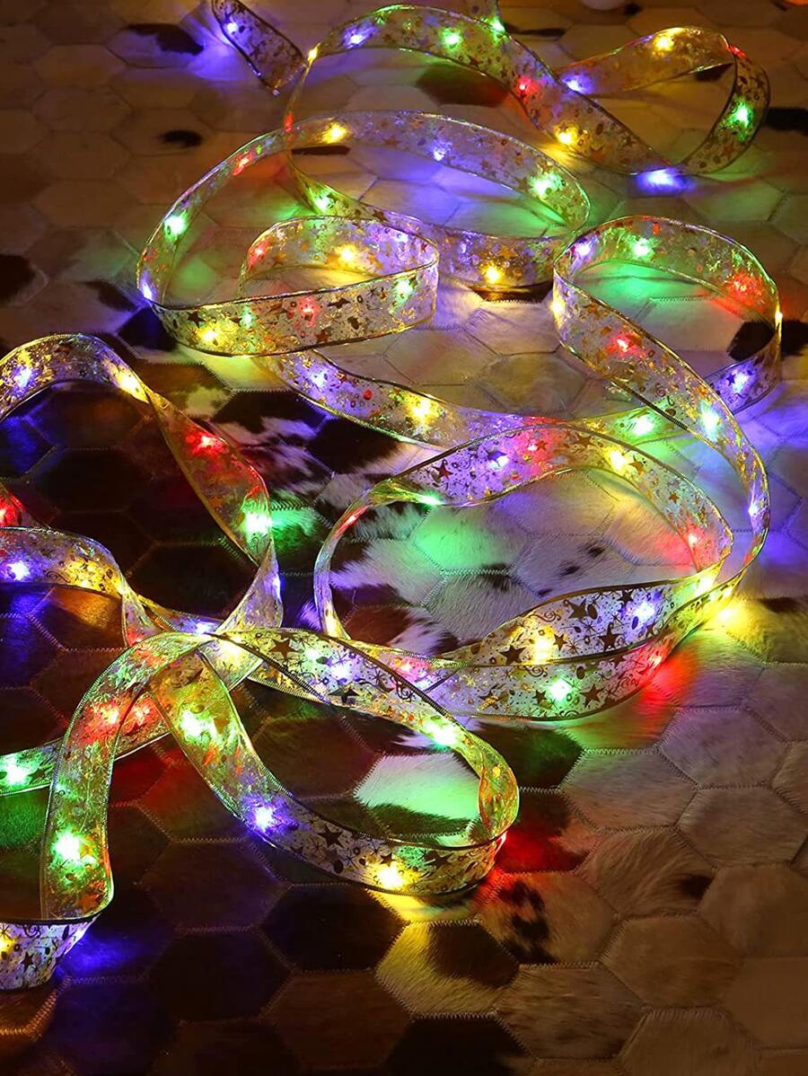 10/20/30/40/50 Lights 1/2/3/4/5m Colorful Glowing Star String Lights, Gold Ribbon Decorative Lights, Gift Box Packaging Decorative Light Strip, Christmas Tree Decoration Props - Multicolor - View 1