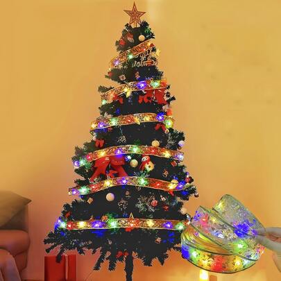 10/20/30/40/50颗灯珠，1/2/3/4/5米彩色发光星形串灯，金色丝带装饰灯，礼盒包装装饰灯条，圣诞树装饰道具