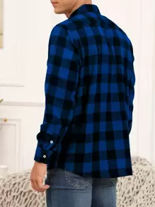 Men Plaid Print Flap Pocket Shirt - Blue - View 2