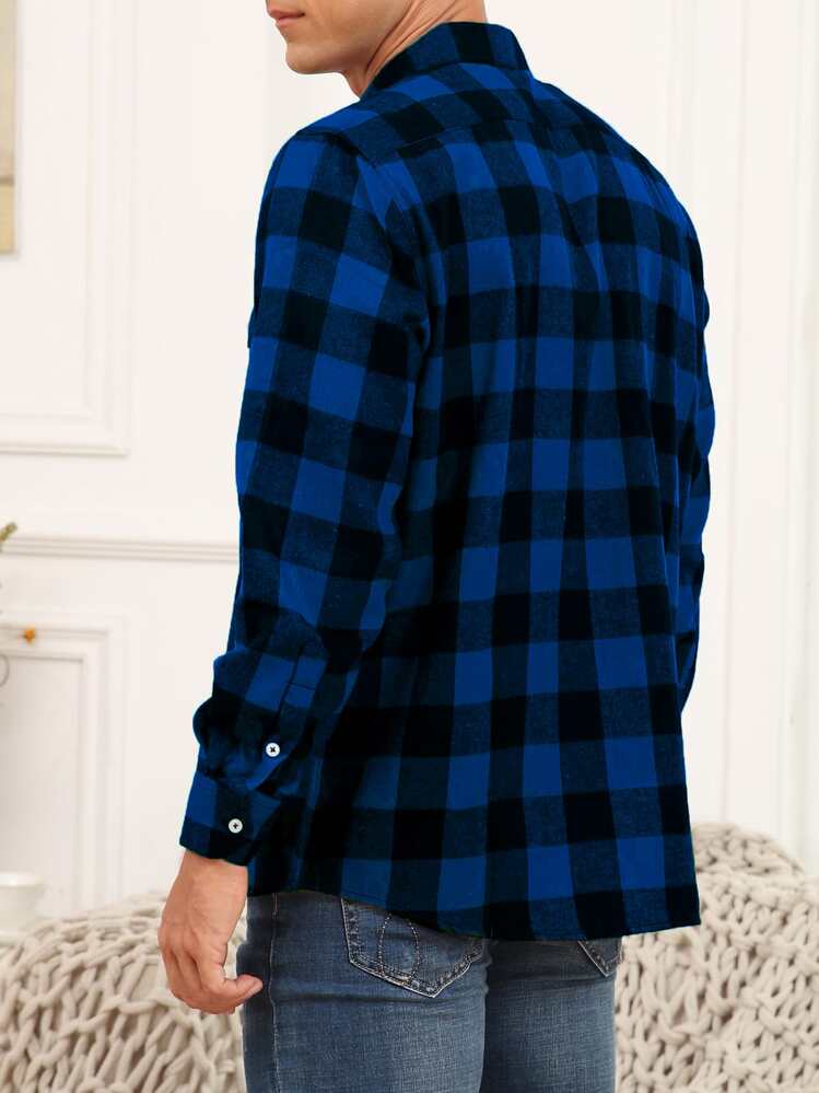 Men Plaid Print Flap Pocket Shirt - Blue - View 2