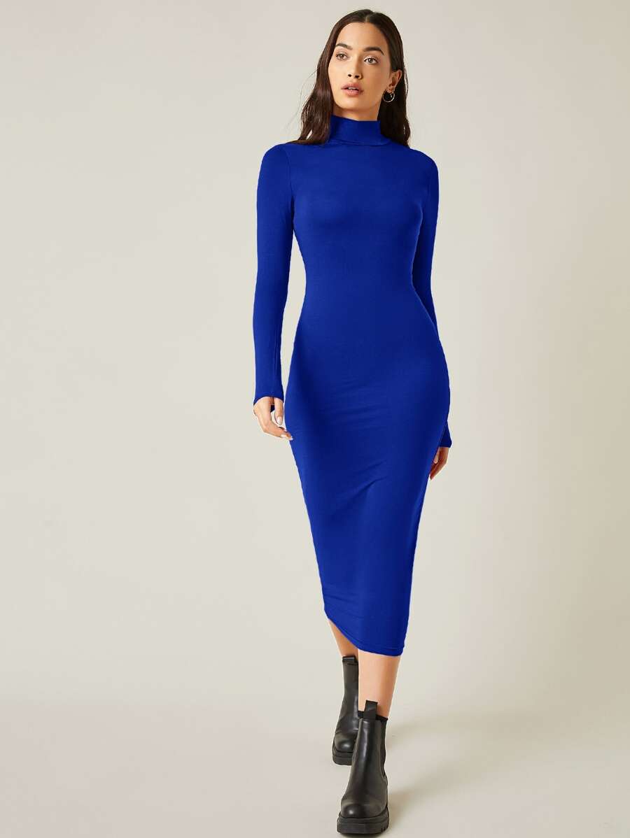 SHEIN BASICS High Neck Solid Bodycon Dress - Royal Blue - View 1