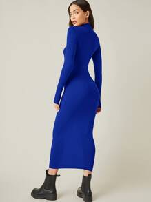SHEIN BASICS High Neck Solid Bodycon Dress - Royal Blue - View 2