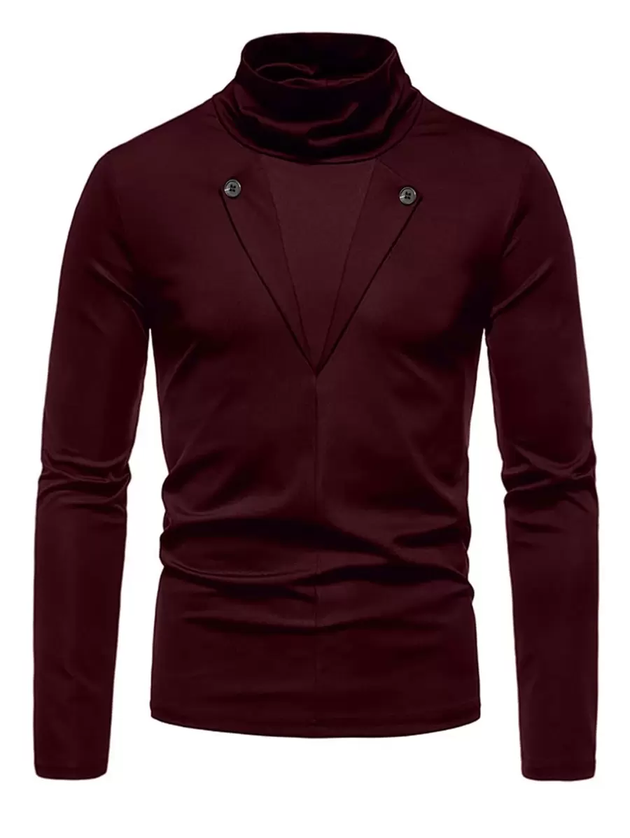 男士时尚立领二合一长袖 T 恤 - 紫紅色 - 查看 1