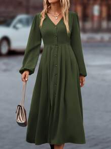 SHEIN Privé 素色單排釦燈籠袖連衣裙