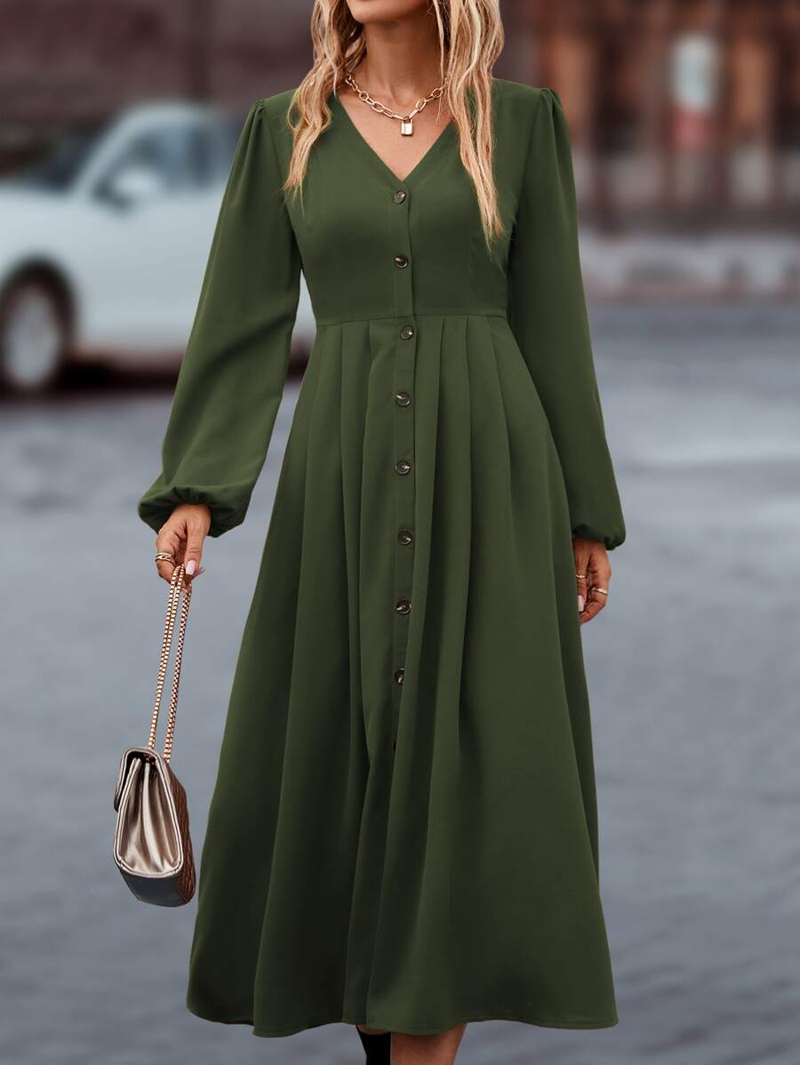 SHEIN Privé 素色單排釦燈籠袖連衣裙