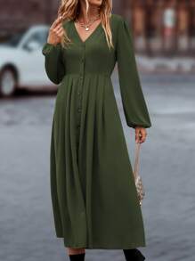 SHEIN Privé 素色單排釦燈籠袖連衣裙