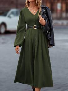 SHEIN Privé 素色單排釦燈籠袖連衣裙