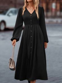 SHEIN LUNE Lantern Sleeve Fold Pleated Dress - Black - View 1