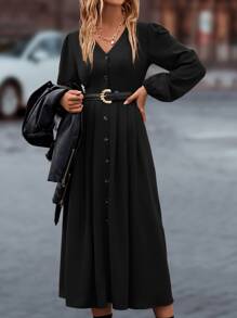 SHEIN LUNE Lantern Sleeve Fold Pleated Dress - Black - View 3